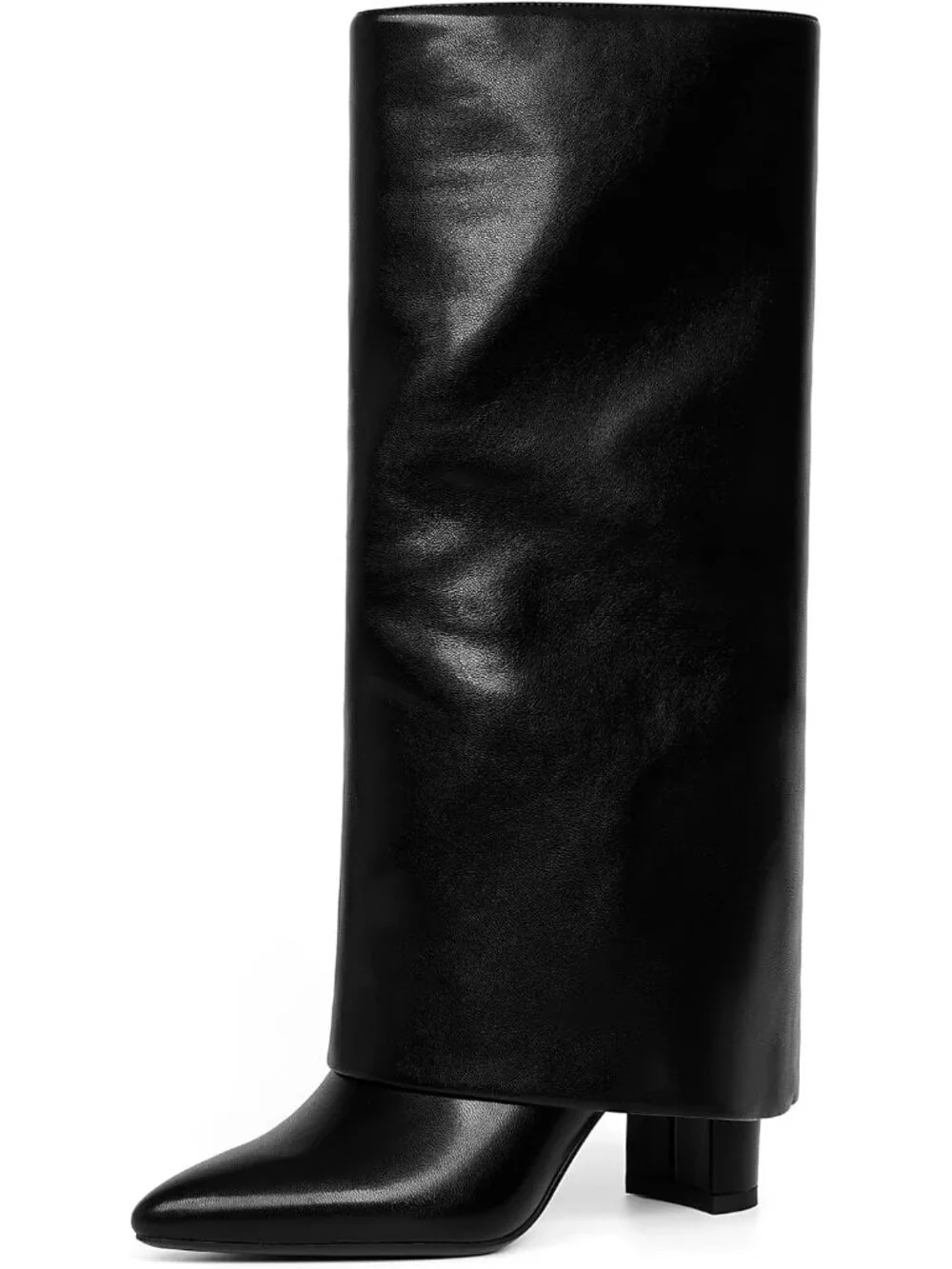 Women's Black Shaft Pointed Toe Chunky Heel Faux Leather Over The Knee High Boot